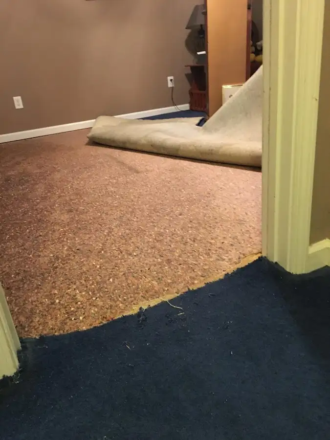 Carpet pad removal revealing water damage during Drying & Dehumidification in St. Martin